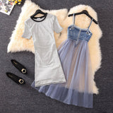 Women Skirts Sets 2018 New Fashion O-neck Striped Long T-shirts + Denim Mesh Spliced Zipper High Waist  A-line Medium Long Dress