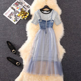 Women Skirts Sets 2018 New Fashion O-neck Striped Long T-shirts + Denim Mesh Spliced Zipper High Waist  A-line Medium Long Dress