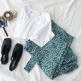 Mooirue Beach Style Women 2 Pieces Set Korean V-neck Black White Tees Shirt + Green Lotus Skirt Vintage Casual 2 Pieces Set