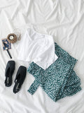 Mooirue Beach Style Women 2 Pieces Set Korean V-neck Black White Tees Shirt + Green Lotus Skirt Vintage Casual 2 Pieces Set