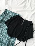 Mooirue Beach Style Women 2 Pieces Set Korean V-neck Black White Tees Shirt + Green Lotus Skirt Vintage Casual 2 Pieces Set