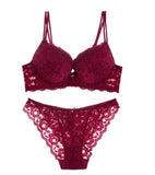 Two Pieces Set Women Clothing Sexy Lace Crop Tops and Pants Push Up Bralette Deep V Brassiere Thick Padded Embroidery Top