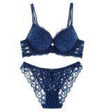 Two Pieces Set Women Clothing Sexy Lace Crop Tops and Pants Push Up Bralette Deep V Brassiere Thick Padded Embroidery Top