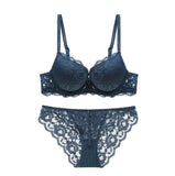 Two Pieces Set Women Clothing Sexy Lace Crop Tops and Pants Push Up Bralette Deep V Brassiere Thick Padded Embroidery Top