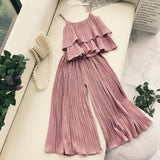 Holiday Two Piece Sets Pure Color Women Fold Ruffle Sleeveless Vest Tops + High Waist Wide Leg Pleated Pants F231