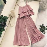 Holiday Two Piece Sets Pure Color Women Fold Ruffle Sleeveless Vest Tops + High Waist Wide Leg Pleated Pants F231