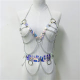 2019 Sexy Festival Rave Clothes PVC Straps Crop Bra Top Women Punk Laser Holographic Choker Harness Club Party Belt Women Set