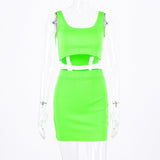 Hugcitar spaghetti straps sexy camis skirt 2 two piece set 2019 summer women fashion neon green party streetwear female sets