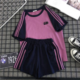 Striped Casual Short Set Women Summer Letters Pattern Short Sleeve T-shirt + Wide Leg Short Purple Two Pieces Set Matching Set