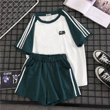 Striped Casual Short Set Women Summer Letters Pattern Short Sleeve T-shirt + Wide Leg Short Purple Two Pieces Set Matching Set