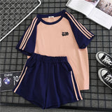 Striped Casual Short Set Women Summer Letters Pattern Short Sleeve T-shirt + Wide Leg Short Purple Two Pieces Set Matching Set