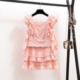 Women Summer Chic Clubwear Ruffle Hem Skirt Set Casual Hollow Out Embroidery Short Tops+A-Line Mini Skirt Sexy Beach 2 Piece Set