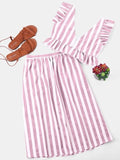 Two Piece Set V Neck Sleeveless Crop Top Striped Ruffle Button High Waist Skirts Suits Summer Women Sets